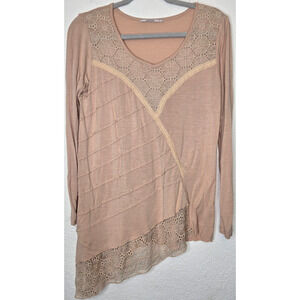 Language Womens Top Medium Light Pink Asymmetric Pintuck Lace Eyelet Boho Flowy